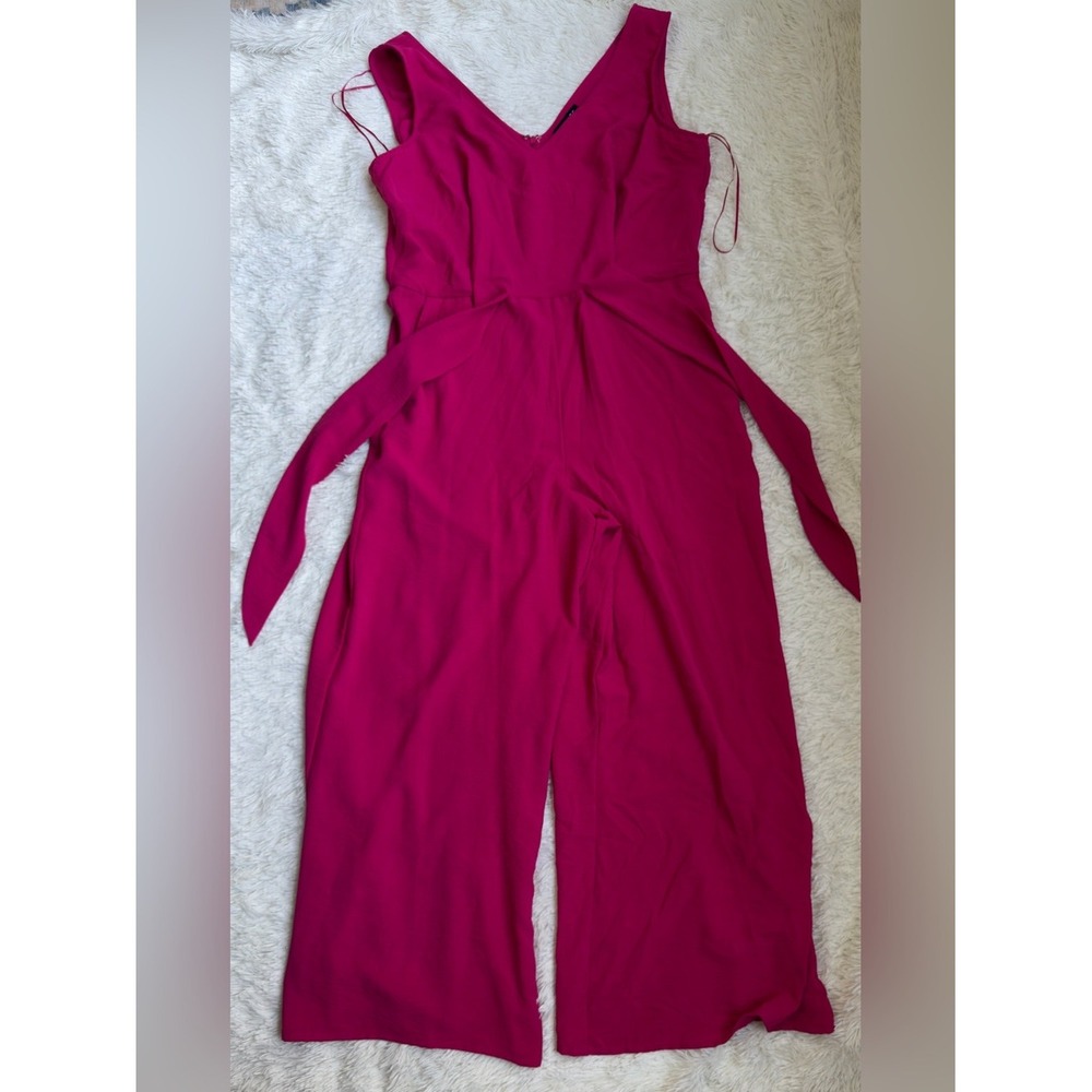 1.STATE Womens Magenta Pink V-Neck Wide Leg Belted Jumpsuit Size M
